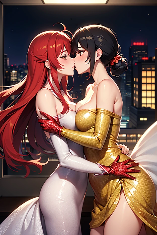 ((best quality)), ((masterpiece)), (detailed), perfect face, (((2women: happy, blushing, soaked, (((yellow eyes(glowing), mature face, dark skin, 25 years old, sexy, topless, slim, exposed small breasts, muscular, orange hair (((messy hair))), ((ponytail))), (((saffron ribbon))), Wearing: Buddhist rosary beads, gold sash with bow))) floating above and (((Pink eyes(glowing), perfect face, mature face, pale skin, 25 years old, sexy, nude, thicc, dummy thicc, large breasts, short black hair)))))), looking into each other's eyes, facing each other, hug, kiss, happy, yuri, beautiful, best quality, absurdes, 8k, volumetric lighting, intricate, Background: Stone Buddhist temple ruins, full moon, Avalokiteśvara statue