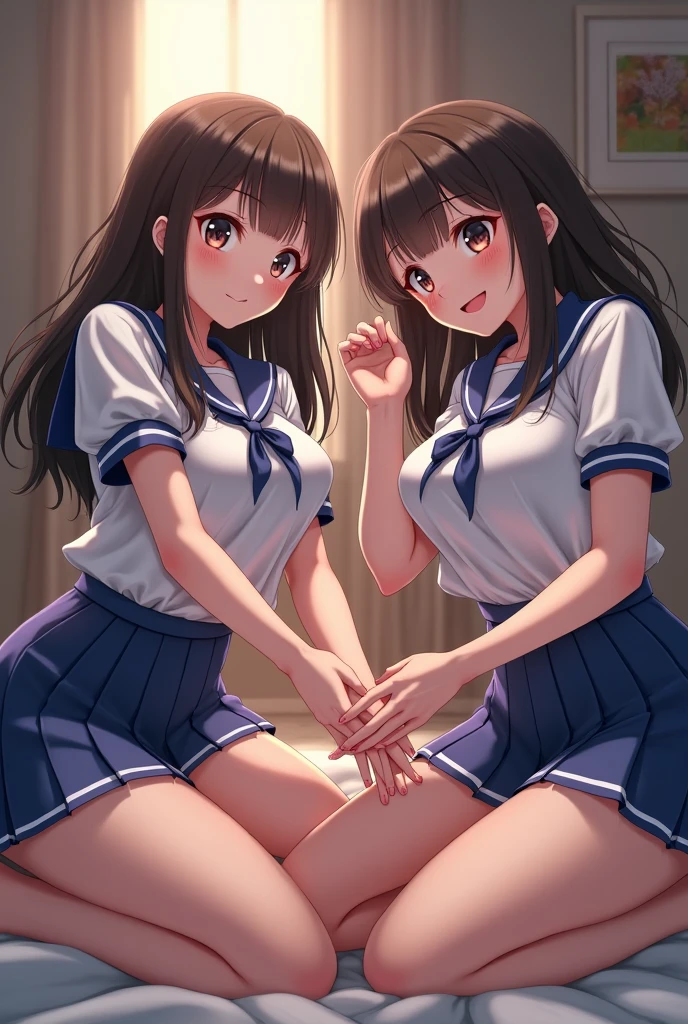 (masterpiece:1.4)、(1male people:1.9)、1girl、15 years old,(:1.2),high school student,beautiful girl,(short ponytails:1.2),akb48,nogizaka46,sailor suit,high ,(A father is touching his delicate girl's crotche:1.9)、student clothes、a closeup、Lying in bed、Father touching the crotch of delicate girl、(Cute 15-year-old delicate girl with semi-long hair and 50-year-old father with short hair)obscenity:1,2、Metamorphosis:1,2、NSFW:1,2、caress:1,2、Wrinkles between the eyebrows、Touching each other's crotches、red blush、toppless、White panties、Dark blue pleated mini skirt、tre anatomically correct,(small breasts:1.2),(skinny:1.2),(have a dildo in hand:1.5),dildo,sextoy,