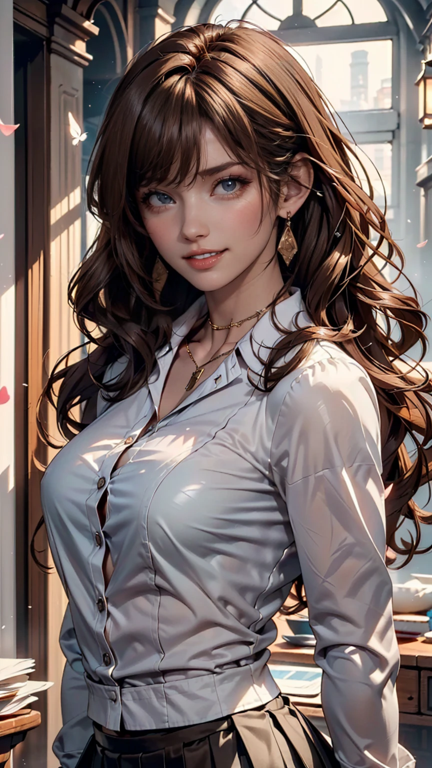 Sexy woman cleavage in plaid suit with outstanding plaid style with light brown long hair and big eyes style with long eyelashes