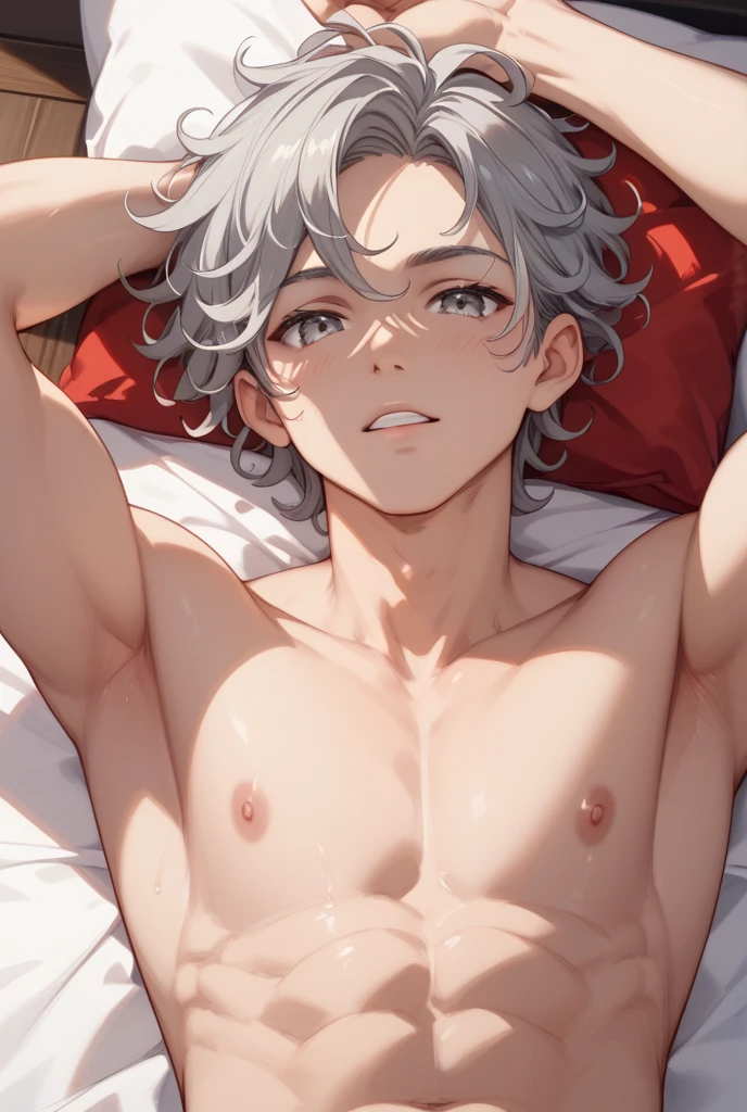Masterpiece, Best quality, High quality, 1boy, Solo, Asta, lying on bed, sleeping, gray hair, black headband, shirt off, shirless, medium body, naked, showing His penis, his dick, showing his muscle.