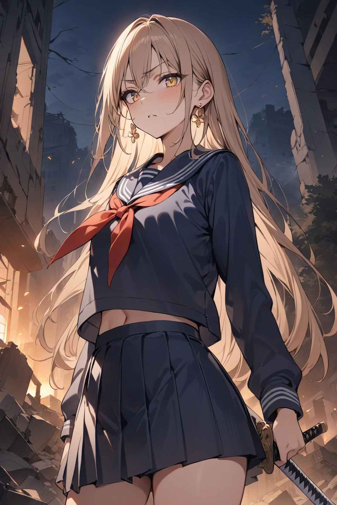 (absurdres, highres, ultra detailed),masterpiece,best quality,high resolution,8k,Realistic face,Realistic skin texture,magnified textures, stunning clarity,detailed anime girl,japanese school girl,14 years old,(Demon Girl),(pale skin),blazer,mini skirt,Absolute area,Meiji,red eyes,summer,class room,big breasts,sunset,Holding a Japanese sword,happy,cowboy shot,action pose,big ass