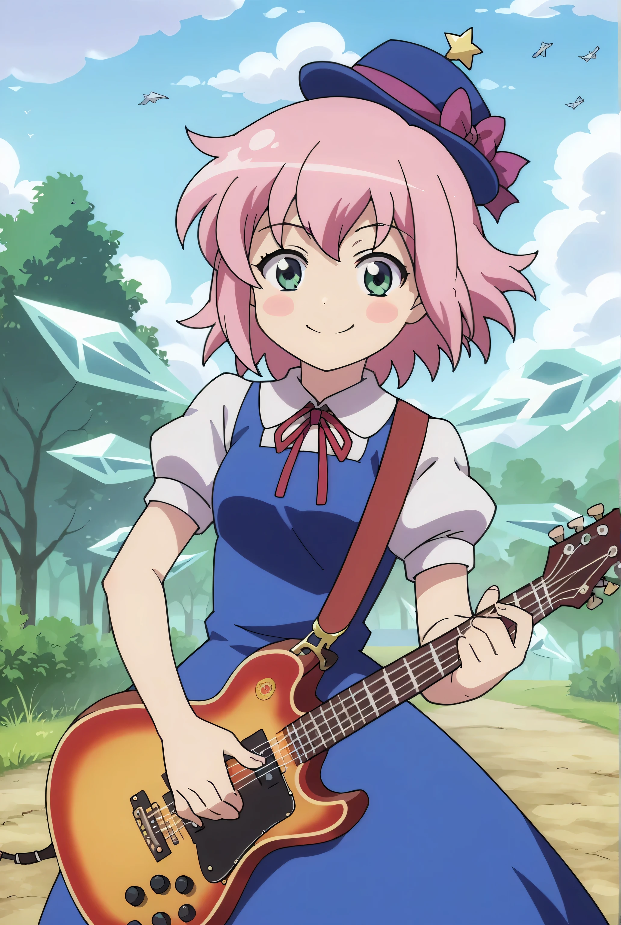 score_9, score_8_up, score_7_up,anime_source, source_anime, best background, detailed background, anime screencap, Cirno, pink hair,green eyes,tiny green tower hat, green dress, dress, spectal guitar, looking at viewer, smile, solo, gentle smile, floating guitar, flying guitar, smile, outdoors,