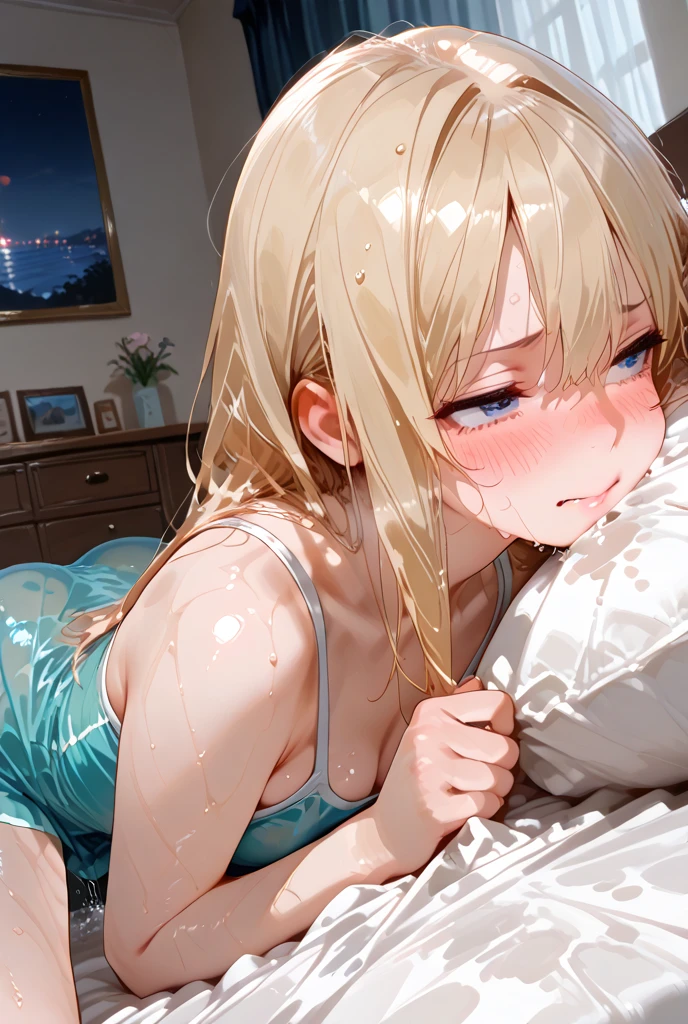 top-quality, Top resolution, One Little Girl, (Small body), on the beds, {Sitting},Long Blonde Hair, (sundress),(see through), (Cloth), (From above),wide shot,One-person viewpoint,((Face Focus)),((((Tears)))),blush, Scared,flat chest, be sweaty,white panties,Cameltoe