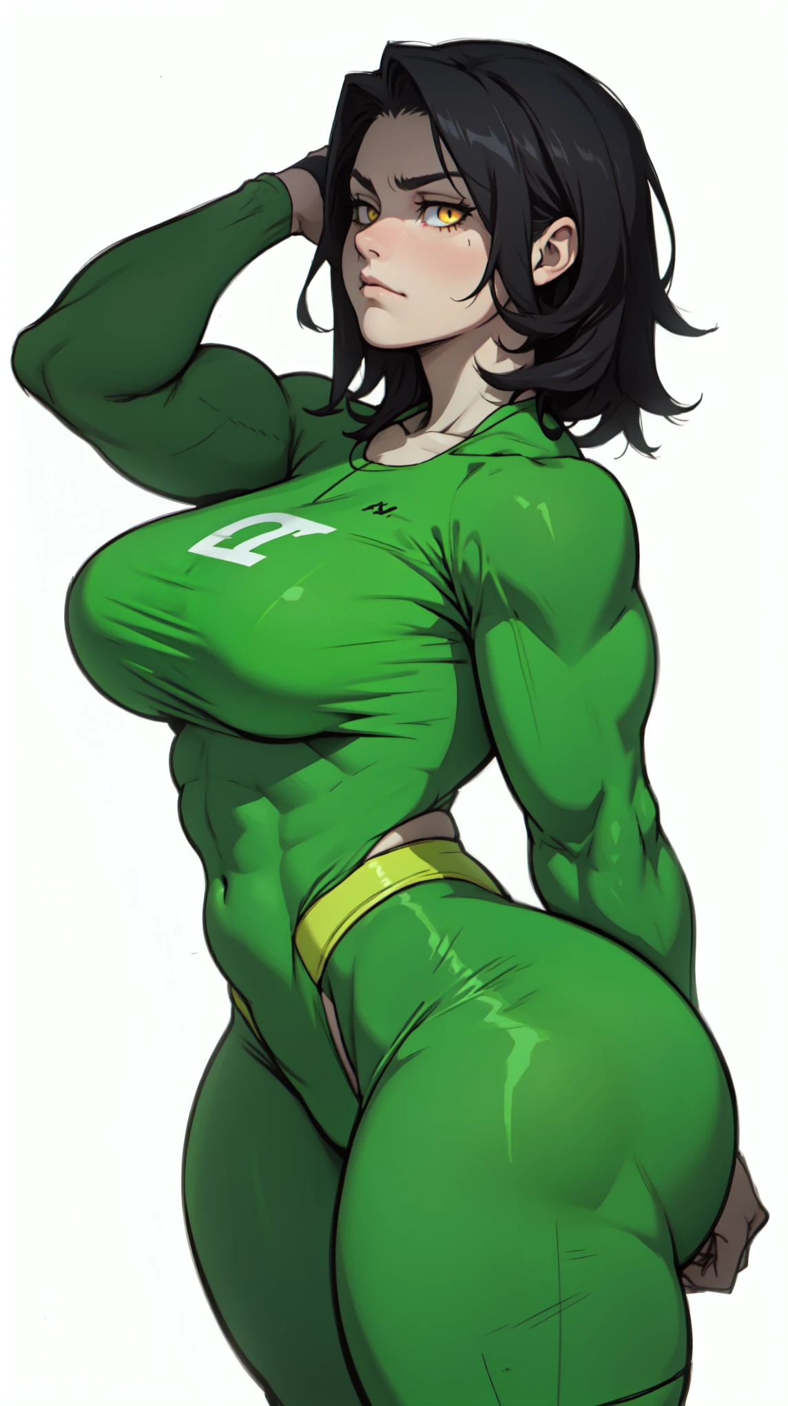 (buttercup)(black hair, green eyes, short hair, messy hair)(dress, light-green sleeveless dreslack belt, white thighhighs)(puffy lips:1.4), (((wide hips))), (((gigantic breasts:1.2))), ((Massive Bodybuilder)), masterpiece, (slendered abs:1.2) ,detailed , shiny skin, beautiful lighting from the side, harsh light, ((((huge muscles))))