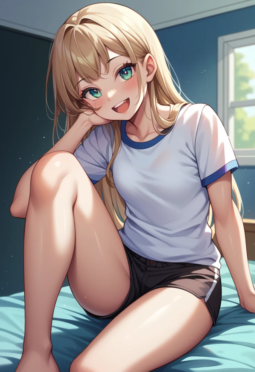 ((Highest quality)), ((masterpiece)), (be familiar with), Perfect Face, indoor, Bedroom, Watching the audience,
One woman, Tina Sprout,
Open Mouth, Ecstatic expression, blush, smile,
Small breasts, Flat Chest, Young Girl, Lori, , Girl,
Long Hair, Long Hair,
Gym suit, White short sleeves, Black shorts, Leg spread,