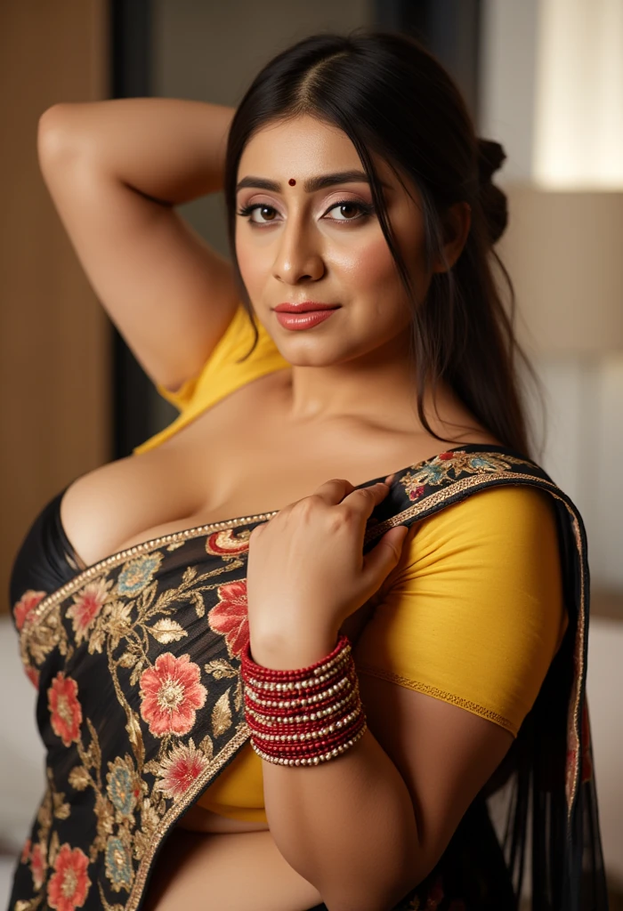 Nsfw. walking in a moonlit courtyard, forest background, mythical forest, huge trees, exotic girl, indian, vivacious, looking at the viewer, shining skin, perfect lighting, the embodiment of grace and elegance, provocative pose, smiling seductively, (transparent red and yellow open shirt and jewelry), big breasts,deep cleavage, curvy ass, clear curvy details, beautiful curves, detailed eyes, detailed pupil, long shining hair, volumetric lighting, Ultra Detailed, unity 8k wallpaper, ultra detailed, aesthetic, masterpiece, best quality, photorealistic