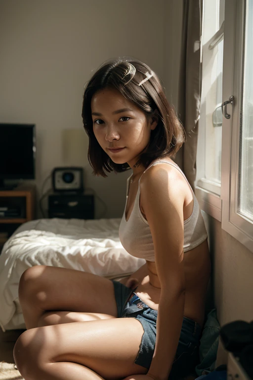 alone、(((One 2 Japanese woman)))、((Small breasts))、Bust size is A cup、(((She is wearing only a simple thin white tank top and underwear.)))、((Black rough underwear))、After sex、Sweaty、Facial、((Semen is sprayed from her mouth onto her chest))、((bukkake))、Wide-open legs、Short bob hair tied back、No makeup、(((Sit on the bed)))、Hotel room、((Highest quality, 128k, masterpiece :1.3))、Masterpiece、Accurate body proportions and realistic details、from below、Full body photo