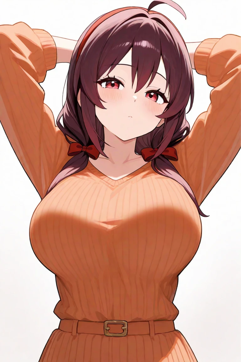 (highest quality), (Super detailed), (Best Illustration), (beauty), Upper body, (from below),(Plain black t-shirt),(((underboob))), (big breasts), embarrassing, cheeks are red, bangs, bob hair, light brown hair, brown eyes, slightly droopy eyes, white background,