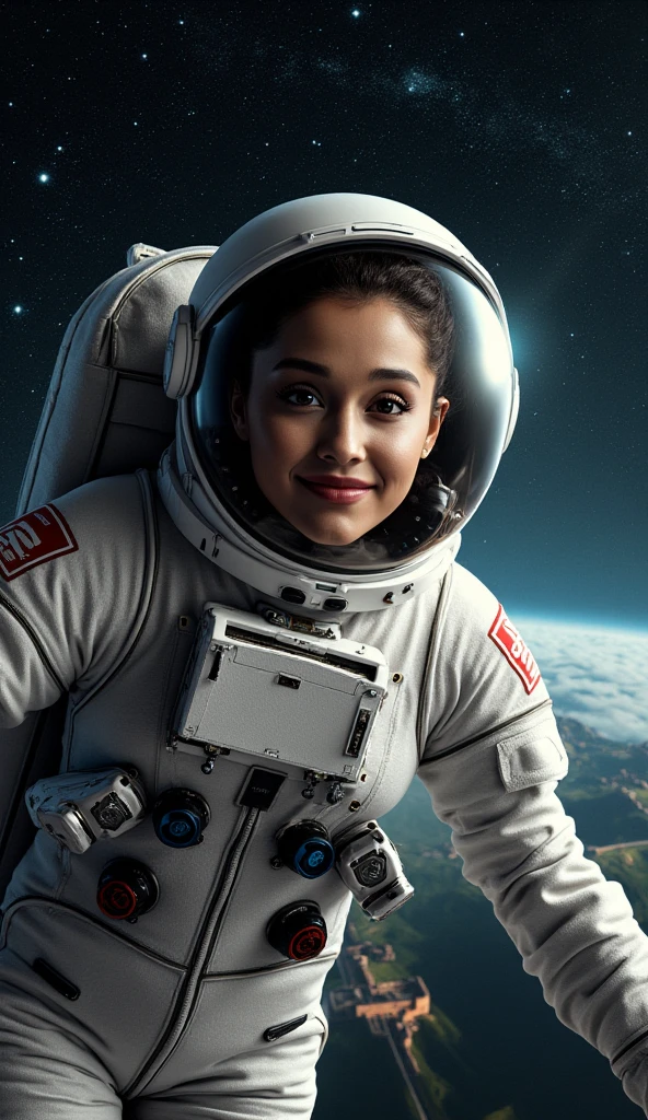 Uma foto realista de Selena Gomez vestindo um traje espacial azul e branco com o logotipo da NASA na frente, a helmet on the head, uma viseira transparente que lhe permite ver o mundo ao seu redor e um sorriso no rosto. She is standing in front of the spaceship, with planet Earth and outer space in the background.