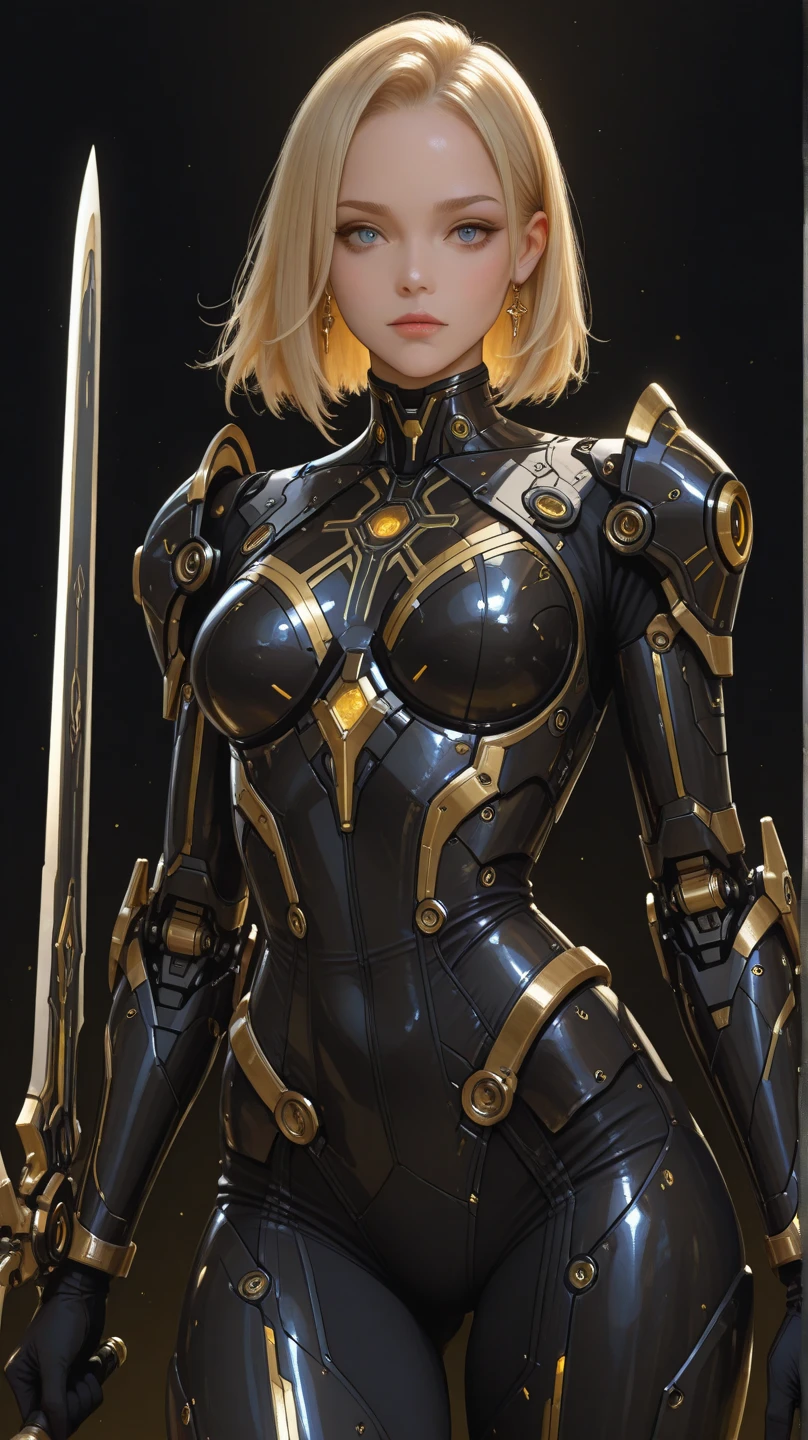 Waist up (perspective angle from bottom to top) super heroine hot girl (short bob blonde hair) (masterpiece), best quality, expressive eyes, perfect face, art in fantasy mythic action effect, sharp focus, wearing super detailed suit with mechanicles part & hero cape, cybersamurai, glowing, holding sword