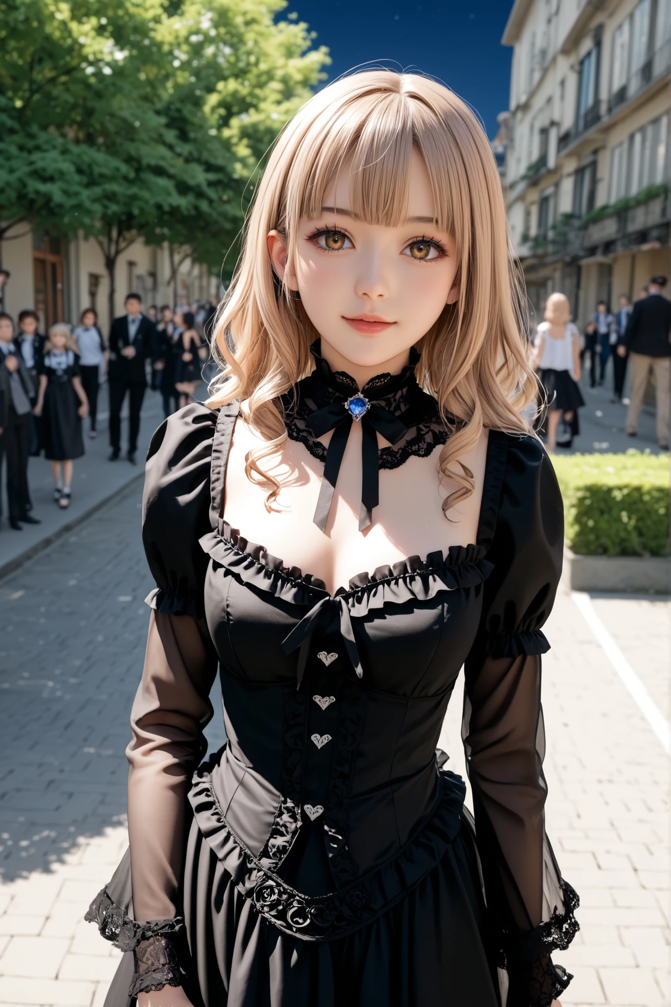 Anime Girl有角和一件有頭骨的衣服, ((Light Brown Hair))(ta in skirt, gothic maiden Anime Girl, Cute Anime Female Protagonist Wearing Beautiful Dress, anime cartoon style, Anime Girl wearing a black dress, Night light, (Anime Girl),  Anime style 4K ,  Curved Beautiful little Lollie , High Quality Anime Art Style, Anime Girls, demon Anime Girls