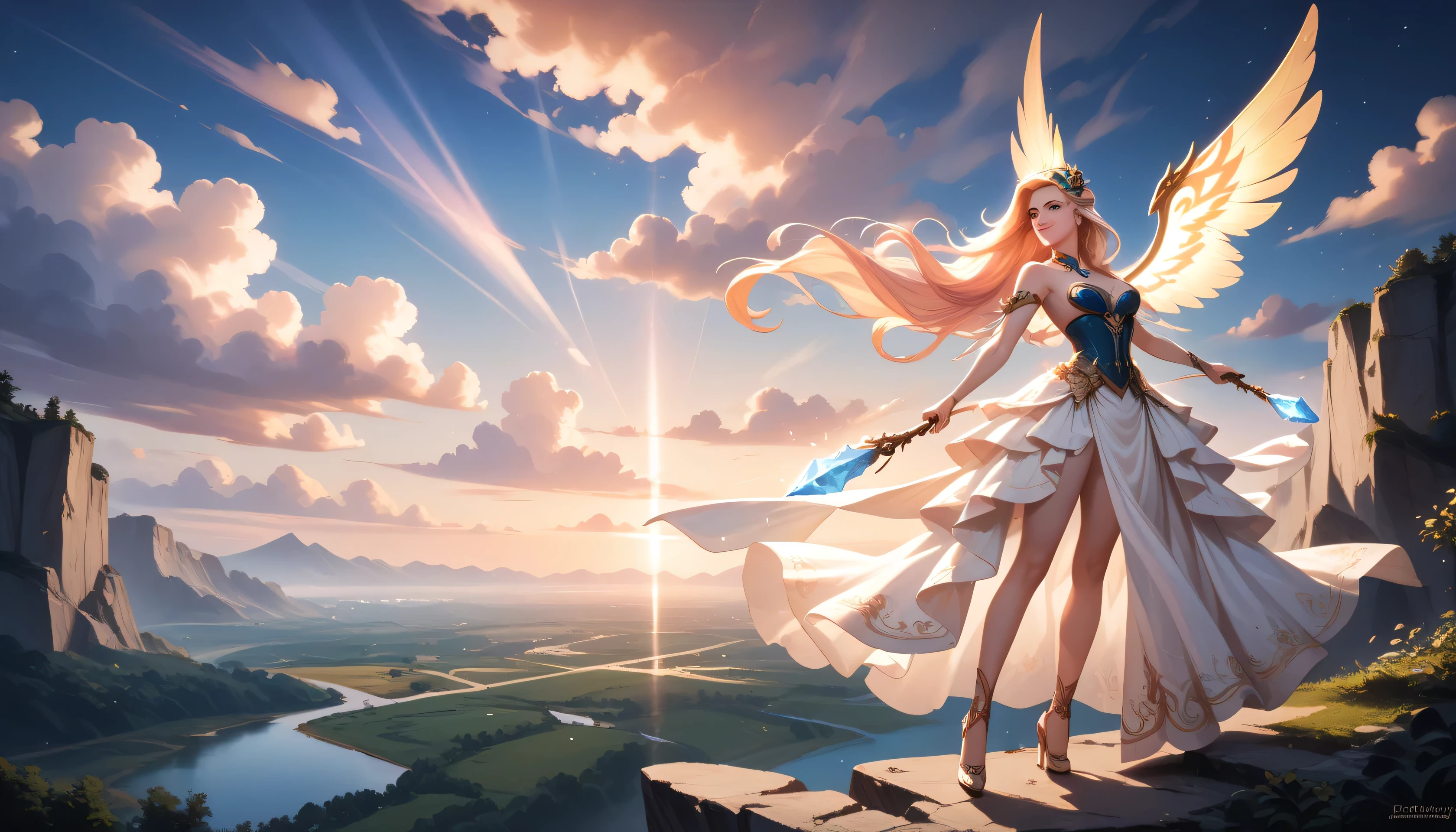 A digital anime-style illustration of a young female warrior standing on a cliff at sunset, holding a glowing crystal close to her heart. She has long flowing hair and wears an elegant, ethereal outfit. The background features dreamy clouds, soft light rays, and magical particles floating in the air. The mood is emotional, epic, and serene, blending fantasy and love. Highly detailed, soft shading, cinematic lighting, square format.