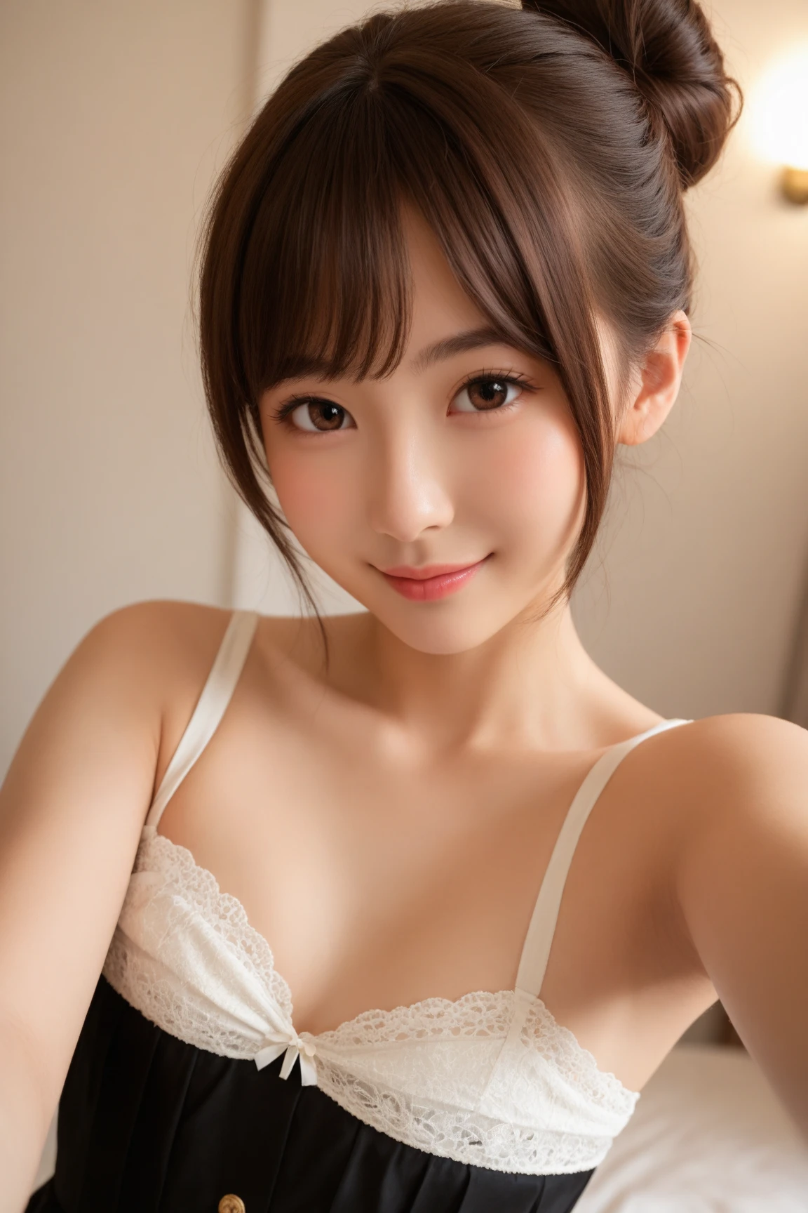 masutepiece, Best Quality, Illustration, Ultra-detailed, finely detail, hight resolution, 8K Wallpaper, Perfect dynamic composition, Beautiful detailed eyes, Natural Lip, Cute pajamas, Big breasts, Random sexy poses,Bun hair,Raw photo,cute🩷,ssmile、maikurobikini