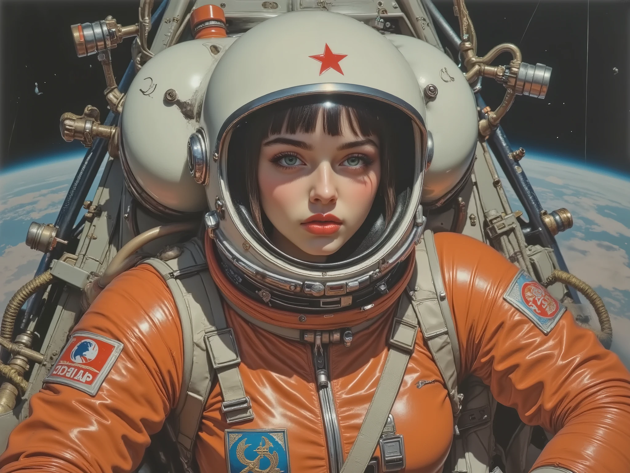 ((cute female astronaut、 The best beautiful girl 、pretty face、 Beautiful green eyes、thick lips with Nozomi))、(((Soviet Propaganda Posters from the Late 1960s、CCCP poster , poster highlighting the triumph of socialism、Red Flag、 gamepad ,communist propaganda、greatest masterpiece)))、((1960s spacesuits、white helmet、Soviet letters、orange spacesuit、 realistic accuracy faithful to details 、jumpsuit、emblem、transparent ear covers:1.8)),((no gravity, touching Tereshkova、Salute space station、Baikonur Cosmodrome)),(Spacewalk, reflected light from the sun , Detailed Textures , I can see the blue Earth、success、 Hero of the Soviet Union)、(Dark universe 、Little Star、Sun:2.2:2.2)
