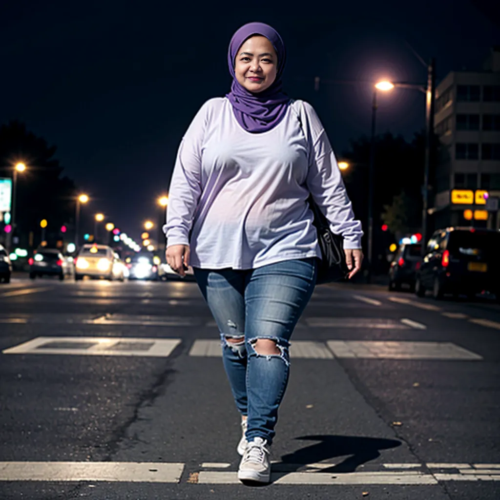 large fat girl with glasses, black hoodie, and jogger pants. wearing maroon hijab, and leaning on modified silver honda jazz gk5 rs 2018, foggy weather at night