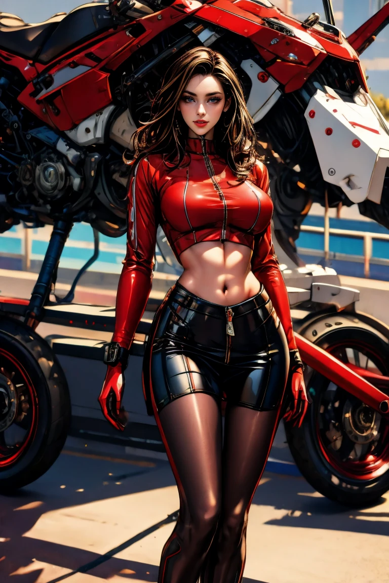 Ducati Bikes、Front-opening black leather rider suit、Beautiful girl with long hair、Riding a motorcycle、The front of her cleavage is visible、The zipper goes down to the navel、Mine Fujiko、Perfect Style、