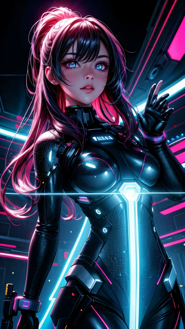 style, cyborg woman, full body, (neon lights: 1.1), bright colors, (thepit bimbo :0.5), bright, sexy, cyborg, robot, exposed parts, exposed mechanics, ((cyborg body with exposed mechanics))

[Anita],, looking at the viewer, smile, symmetrical, centered, closeup, extreme closeup, upper body, cleavage focus,
milf, female, athletic, fit, tall, European, minidress, animated, smile, glowsticks, futuristic,
golden outline,
[(color colors of psychedelic explosion painting:1.1)::0.125],
iridescent, chromatic aberration, studio lights, bright light, glowing skin,
realistic, realistic, photo-realistic, 8k, highly detailed, body proportions,
diffuse light, laser lights, fog