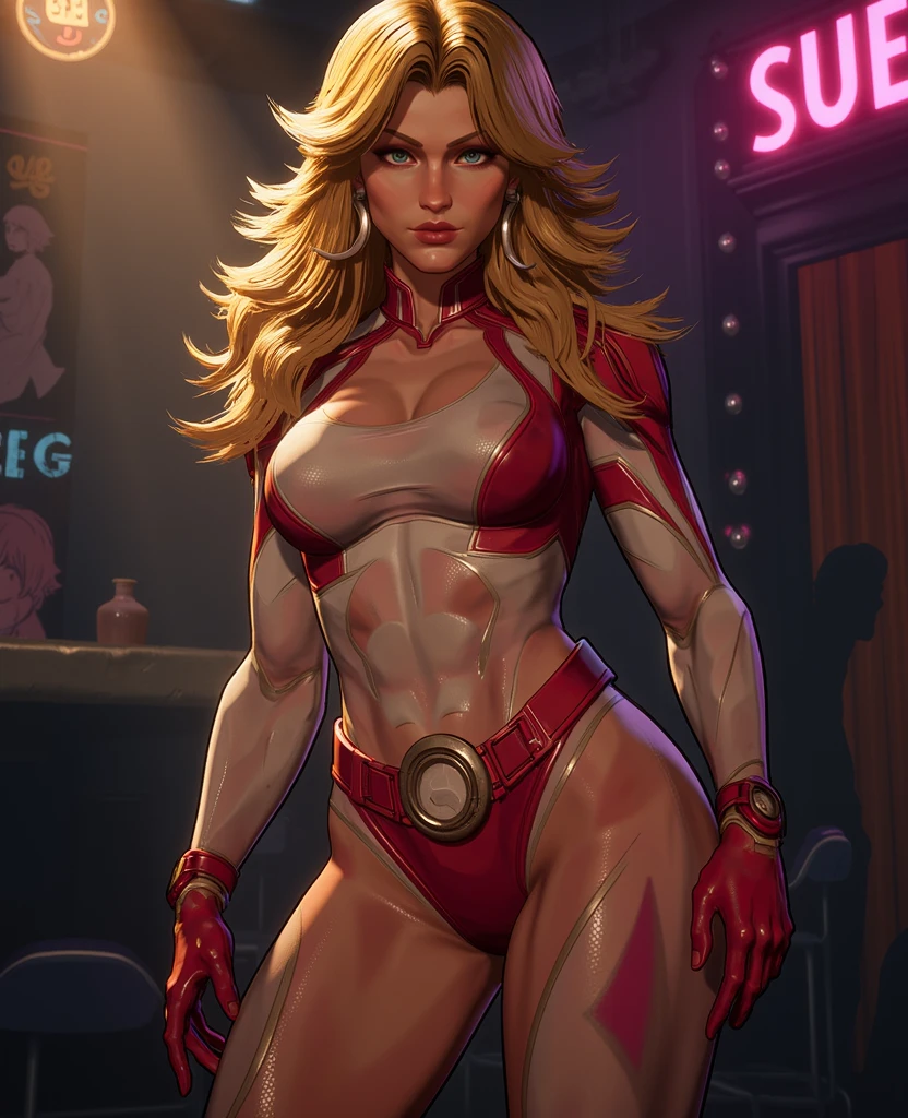 fully body, photo of a 1girl, 1girl, She-ra, hair blonde, loves, grading: safe, red leotard, leotard, waist belt, long hair, breastsout, middlebreasts, bracer, bracelet, make-up, lipstick, (fully body) dinamic pose, smug smirk, tall and toned body, (muscle body: 1.4), (women's hands:1.3), dentation, narrow waisted, thicc thighs, Broad Hips, half eye closed, eyeliner, cilia, face perfect, detailedeyes, facial lighting, gazing at viewer (Masterpiece artwork, high qualiy: 1.2)