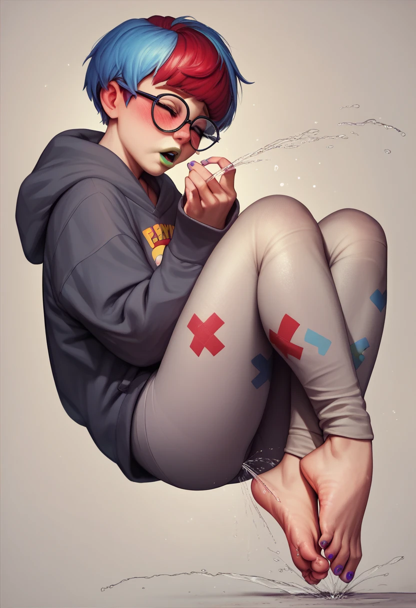 Penny, detailed portrait, hoodie, leggings, glasses, red hair, blue hair, barefoot, purple nails, green lipstick, detailed feet, blushing, panting, toes curled, squirting 