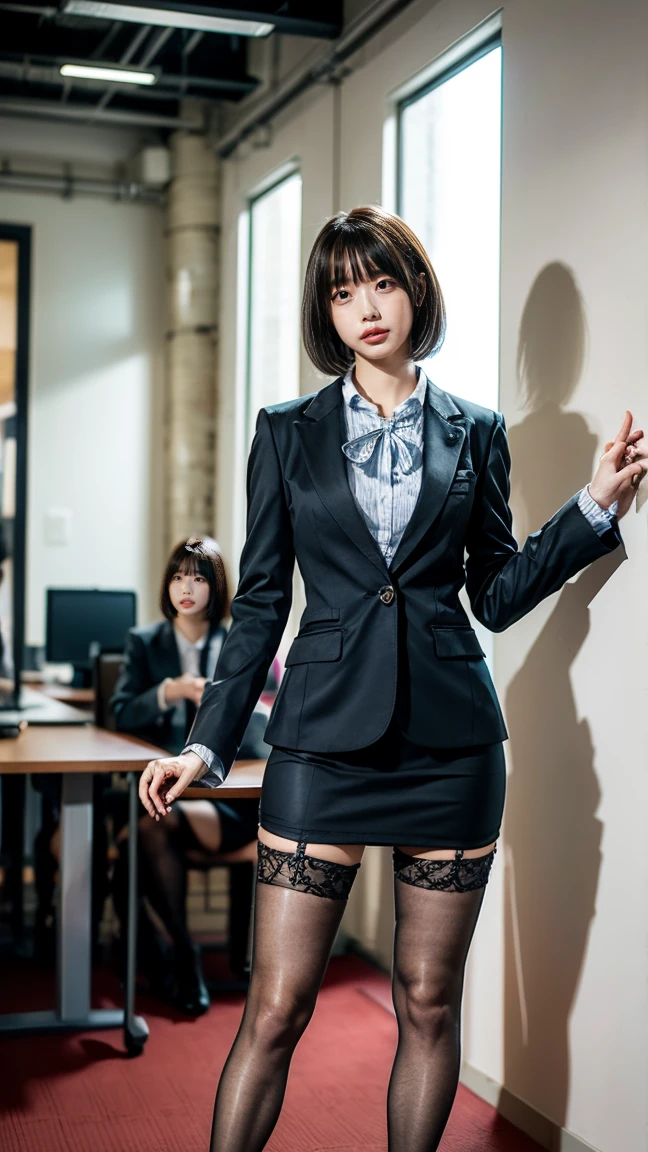 (Absolutely One Woman),(One Girl),Alone,Solo,Standing,Knees Spread,Raw Photo, Candid, Narrow Eyes,Full Body,Black Pantyhose,Textured Skin,,Office Lady,Suit,Skirt,Bangs About Eyebrows,(Shotcut),Looking Viewer,Raw Photo,Pale Skin,Japan People, Glasses, Small, Young, Tall, Dark Expression, Bright Black Eyes, Anger, Slender Body, Medium Build, Small waist, wide thighs, photorealistic, best quality, 8K, masterpiece