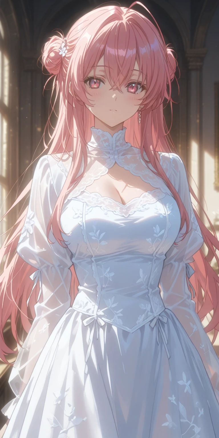 {{{{masterpiece}}}}, {{{super detailed}}}, {{{High resolution}}}, {{excellent ???????}}, (((highest quality))), ((very delicate and beautiful)), {{very detailed and delicate}}, extremely detailed, solo, One female、best style、beautiful woman、The most beautiful woman in the world、(transparent sheer dress:1.5),((big breasts))、(((long pink hair)))、royal palace interior, chalk palaceの中, baroque architecture, elegant walkways between towers, in luminist baroque style, royal palace, Baroque symmetry, Italian Renaissance architecture, Endless corridors, Rococo architecture, Baroque interior, chalk palace,extremely detailed, solo, perfect face, pretty face, highly detailed face,(muste piece), (best quality)
