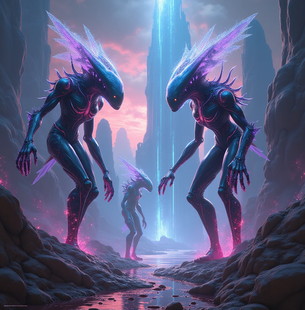 An otherworldly landscape where humans make contact with enigmatic alien beings, depicted in a mesmerizing and imaginative art style. The alien creatures possess intricate biology, and the scene showcases their unique culture and technology against an awe-inspiring backdrop.