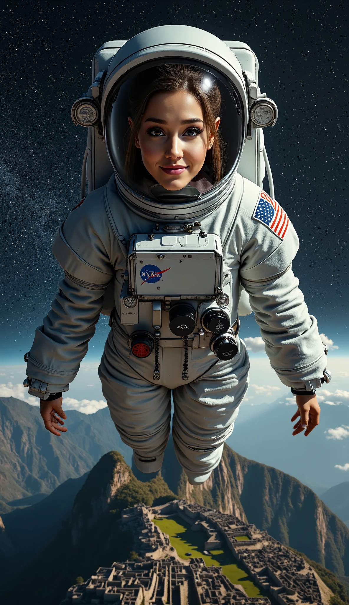 A hyper-detailed, photorealistic scene of a female astronaut, with facial features, skin texture, hair color, and hairstyle exactly matching those of the LoRA selected in SeaArt’s toolbar. Preserve the precise facial structure, hair details, and styling (e.g., sleek bun, flowing locks visible through the helmet, or tight braid) as defined by the chosen LoRA, with no alterations. She is floating weightlessly in a surreal, cosmic perspective above a breathtaking midnight view of Machu Picchu, one of the world’s wonders, with its ancient stone structures faintly illuminated by subtle moonlight, casting soft shadows. The sky is completely black, filled with countless dazzling stars densely scattered, creating a vibrant, awe-inspiring celestial canopy that dominates the scene with cosmic grandeur. Her spacesuit is a highly detailed, authentic NASA-inspired design, featuring realistic textures, reflective surfaces, and official patches, (((but modified for a sensual aesthetic: a keyhole in the front revealing a tasteful, alluring glimpse of her cleavage, blending futuristic functionality with elegance))). (((The chest area of the suit is free of any equipment box or bulky attachments, presenting a clean, streamlined look))). Embroidered prominently on the suit is the classic Incubus band logo, reimagined in the iconic style of the NASA logo, with bold, retro-futuristic typography and a sleek, professional finish. Her transparent helmet showcases her joyful, enamored expression—a radiant smile and sparkling eyes filled with love and wonder. Starlight and faint moonlight illuminate her face and suit, casting delicate reflections. The scene is ultra-realistic, with intricate details in the suit’s fabric, her skin, and the Machu Picchu landscape below. The pitch-black, star-filled sky enhances the sense of infinite wonder, ensuring no distortion to the LoRA’s facial features, hair color, or hairstyle.