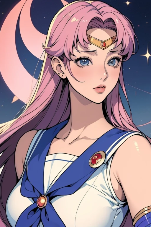 <lyco:ShingoArakiStyle_lycoris_smf_01-000001:1>, shingoaraki-style-smf, 1girl, retro artstyle, Sailor Moon, Sailor Senshi Uniform, fire, stars background, close-up, lipstick