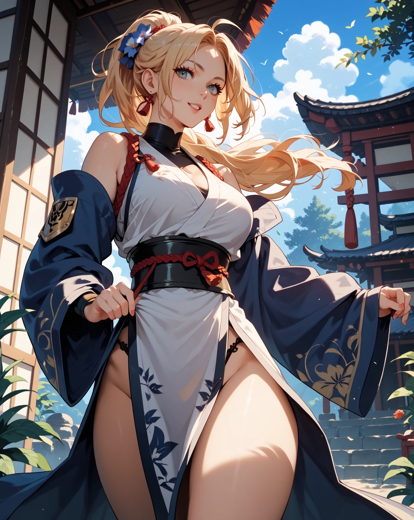 small breast,a young girl in appearance, show off breast, show off nipple, shinto priest, clear face, sunrise, girl with penis, touching she's penis, show off she's penis, from below