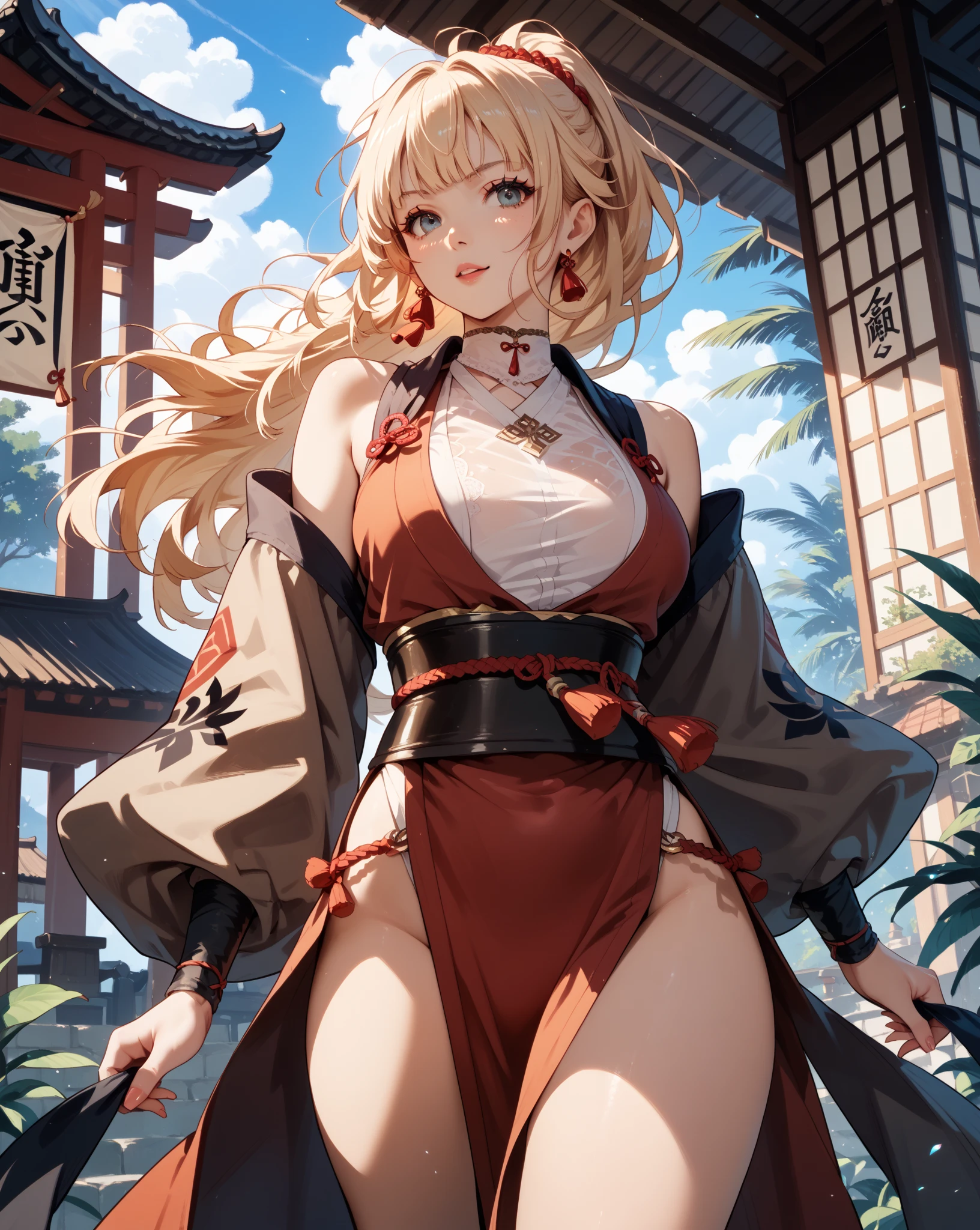 masterpiece, Best quality, Hi-Res, 1girl, Asymmetrical hair, Bangs, Bangs, Blonde hair, Butterfly choker, Chest tattoo, Choker,Big, Cleavage, Clavicle, Fish hair ornament, Floating hair, Flower tattoo, Hair between the eyes, Hair ornament, Hyponytail, Kanzashi, Medium breasted, Medium hair, Open mouth, Orange eyes, Pendant choker, Red choker, Side lock, Smile, Tassel, Tattoo, Tooth, Thigh, Wristband, Cherry blossom, Cherry blossom, torii, Multiple torii, (chest sarashi, budget sarashi, sarashi: 1.1), (naked bandage: 1.6), full body visible,