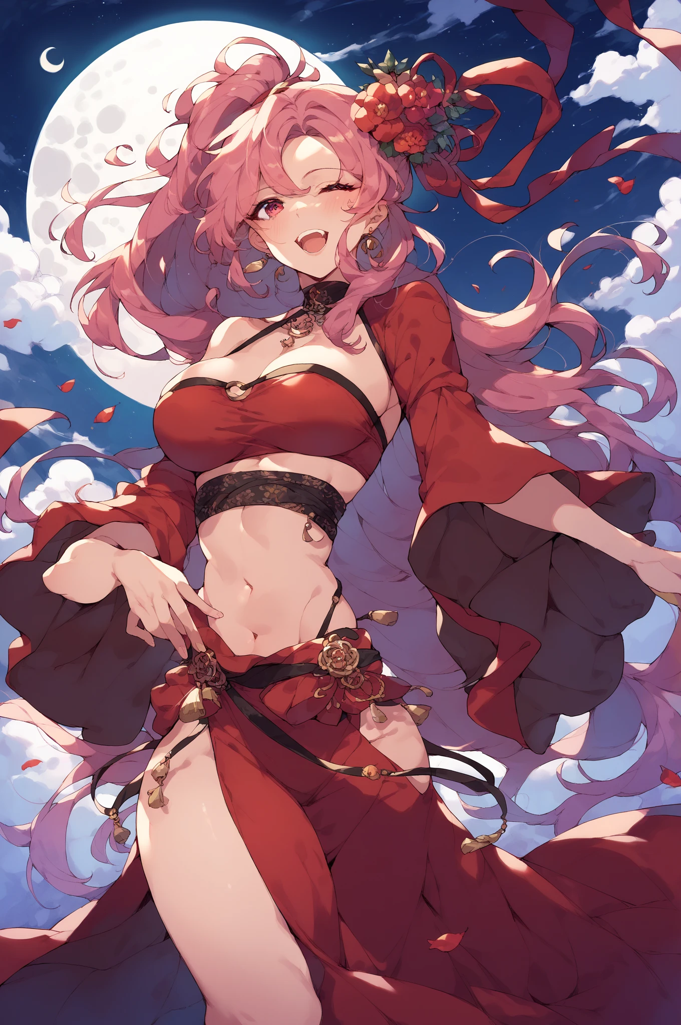 masterpiece, highest quality, (perfect face:1.1) , (high detail:1.1), dramatic, long hair, curvy, moon, see-through, night, dress, thighs, navel, half dress, choker, bare shoulders, lips, pelvic curtain, toned pelvis, toned hips, milky hips, navel piercings, body piercings, big breasts, sandals, neck chains, castle, detailed background, art by artgerm and greg rutkowski, cinematic lighting, a closeup portrait of a playful woman, 25 yo, Ana de Armas, natural, amazing body, pronounced feminine feature, speaking, laughing, (pink hair with white tips), freckles, flirting with camera, side boob, (transparent material), ((cameltoe)), (gold, freckles, nearly naked, underboob), sheer loin cloth, thigh gap, ((Fox ears)), dynamic pose, ((1girl))