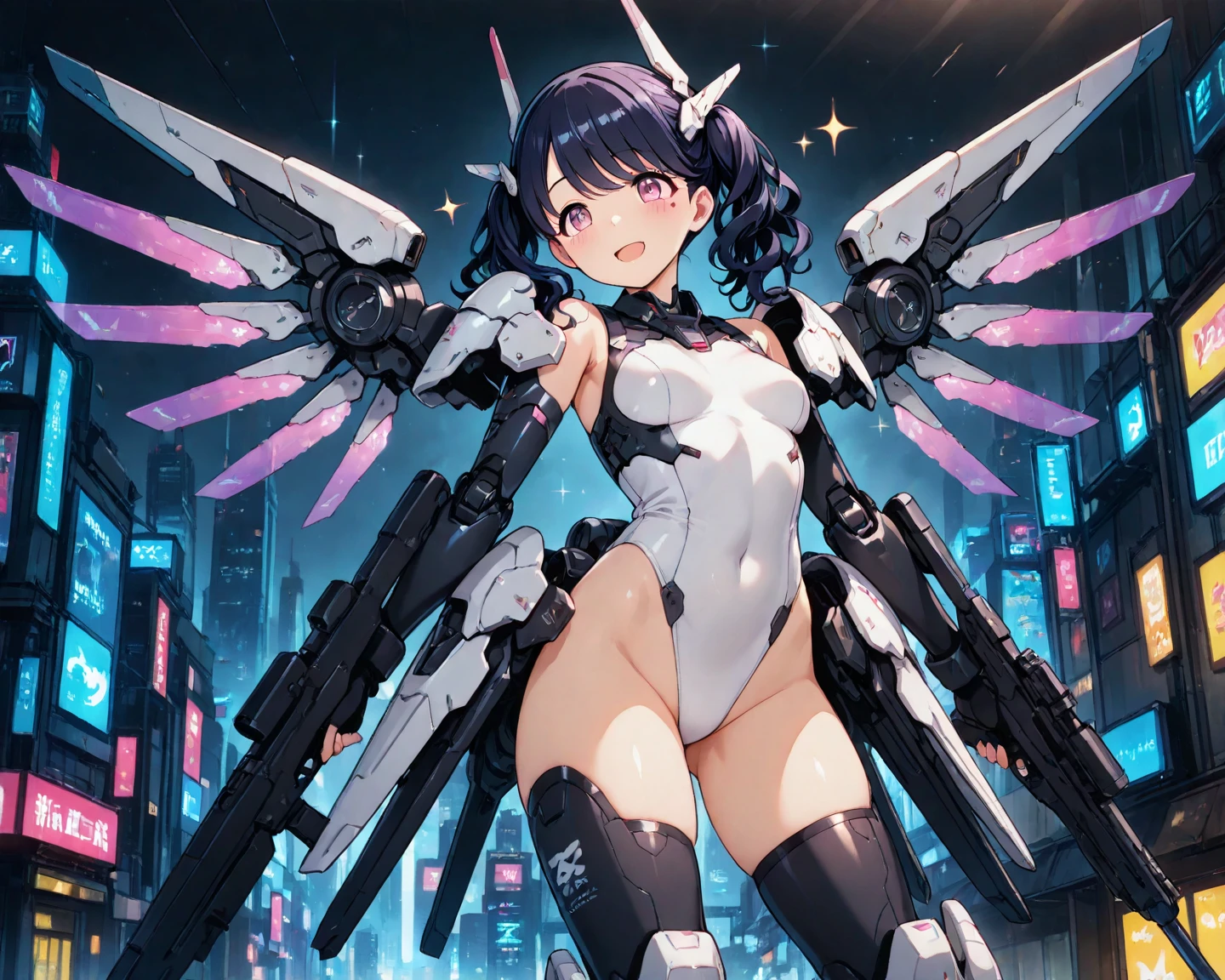 Female cyborg wearing headphones、A little broken、1 female、Big Breasts、sexy、Moonlight、Unbuttoned、Downlight、full moon、In the rubble、In the ruined city、Butt、Beautiful buttocks、Plump、Sideboob、Half naked、Eyes glowing red、Flying through the sky using jets on his back and legs