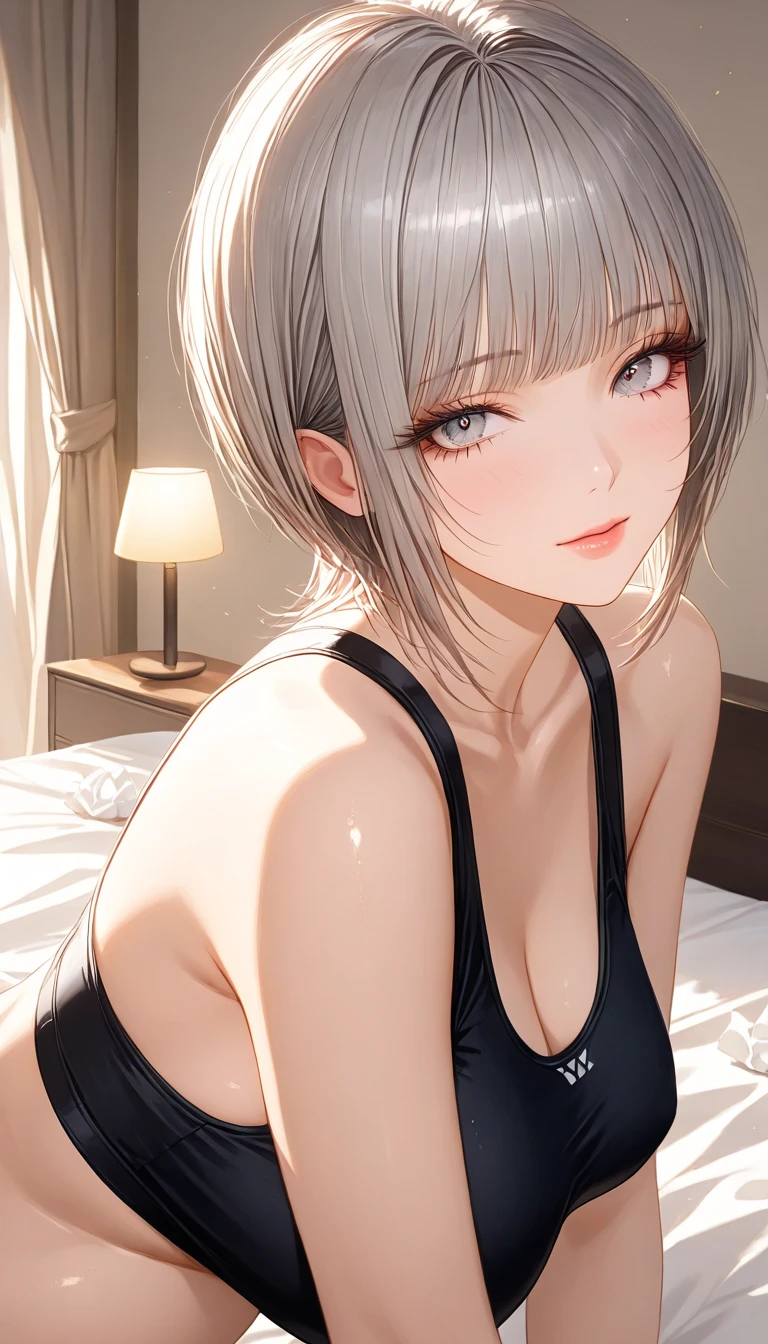 ((Browsing Caution:1.4, masterpiece, Highest quality, High resolution, 超High resolution, Pixel perfect, Written boundary depth, 4K, RTTX10.0, High resolution))), One Girl, single, alone, she, Beautiful Anime Girls, Beautiful art style, Anime characters, (((((short hair、Silver Hair、lure、joy))))), ((Beautiful eyelashes)), ((Detailed face, Blushing:1.2)), ((Smooth texture:0.75, Realistic texture:0.5, Anime CG Style)), ((Beautiful and large breasts, Cleavage)), indoor, Bedroom, Dynamic Angle, Big Breasts, Perfect body, Underarm, ((Sleeping in bed, (Sleep on your back:1.5), sleepy, close your eyes, Lying in bed, Sleeping posture, Wake up)), ((close, throw, cute, Shoot the body, Sighing expression)), ((black bra color, Black Lingerie)), (Natural light, Reflection of light, Morning Scenery), Embarrassed expression, (Expression of sexual pleasure:1.8), (Expression of unbearable pain:1.2), The expression of someone who is holding back from going to the toilet, twist, Raise your hand