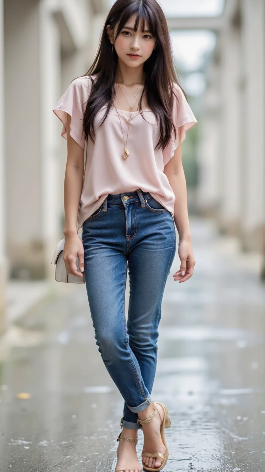 1 beautiful woman taking pictures on the grass of the villa，RAW photos，tmasterpiece，（highdetailskin：1.2），8k ultra high definition，digital SLR camera，gentlesoftlighting，high high quality，filmgrain，富士XT3，20 years old Asian woman，Wear simple clothes，T-shirt and skinny jeans，Detailed clothing details:1.3，perfect body figure，Perfect breasts and nipple bulge，The legs are straight and slender，Branded stylish shoes:0.6，Super detailed facial details and skin，Fair pink face and skin，The skin is pink，with light glowing，二重まぶた，Super detailed eyes，(Gloss on lips, eyeslashes, Glossy face, Best quality, Super high resolution, warm color，Wide lighting, naturalshadow), Sexy, Full body shooting: 1.8