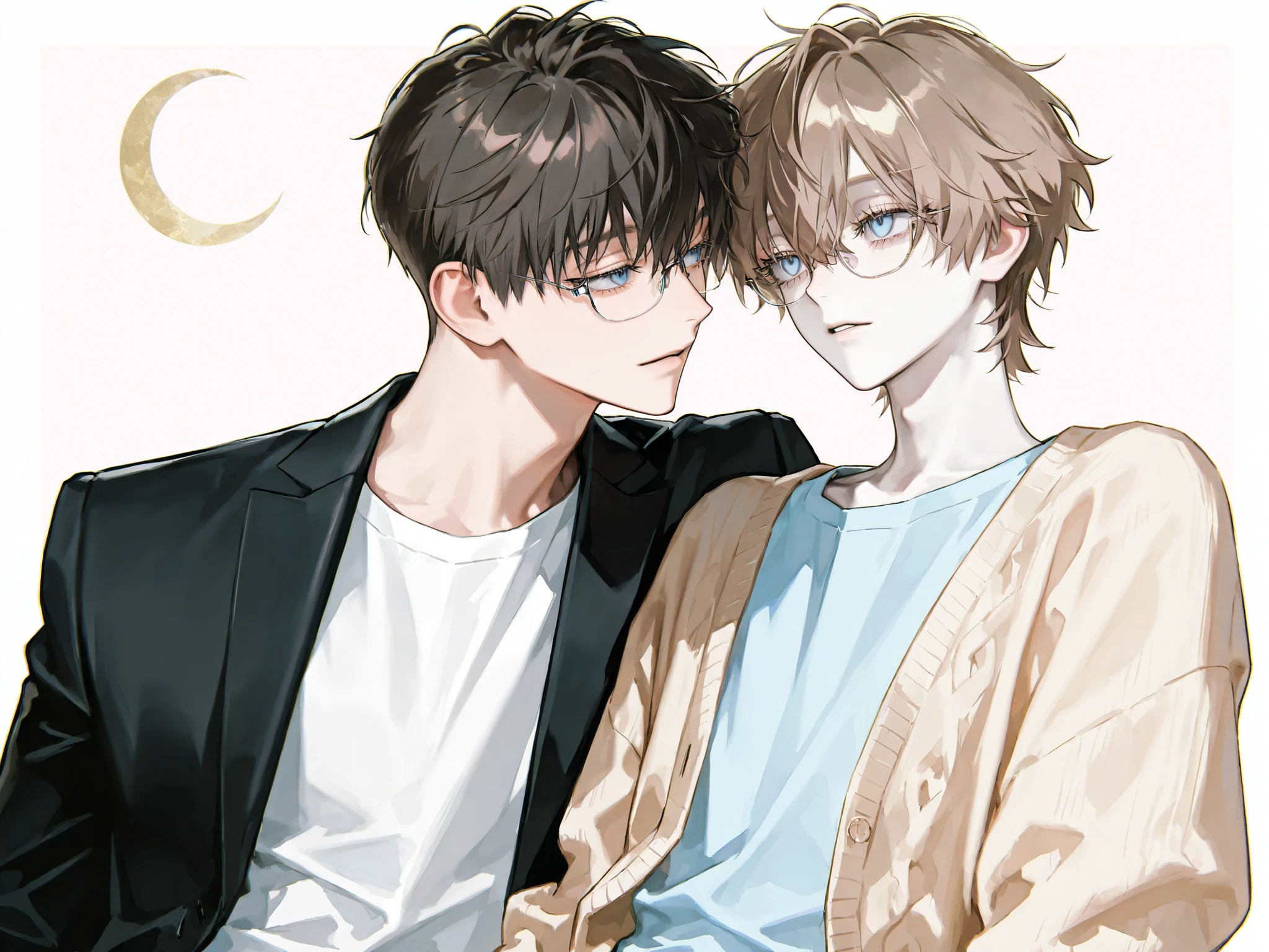 (1 boy, kind, soft, light wheat brown hair, short hair, soft pastel blue eyes, gentle smile, crescent eyes, droopy eyes, eyelashes, fair and clear skin, wearing a loose cardigan, over a t-shirt,)),
(1 man, black hair, short hair, black suit, half rimless glasses, pale skin)
couple, boys love, eye contact each other, lovely, love