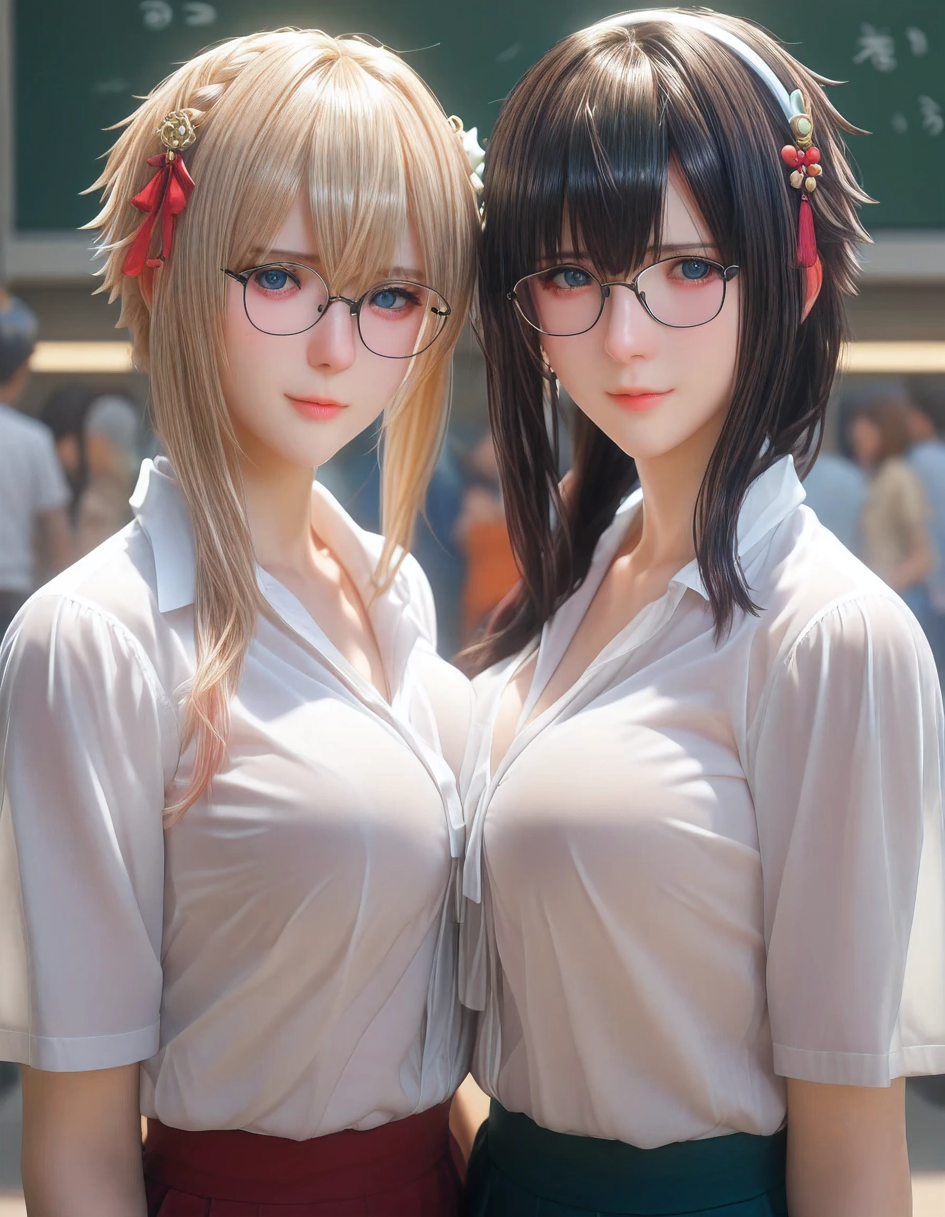 yuki yokoya and violet evergarden, two anime girls with big breasts, touching pose, full body shot, camera angle profesional, wearing office shirt, wet shirt, wearing glasses, oppai, oppai proportions, two beautiful anime girls (yuki yokoya and violet evergarden), big breasts!, big breasts!!, anime girls, with a large breasts, twintails, beauty eyes, faint smile on her face, hd, high quality image, head accessories, posing at tokyo street with sunny weather