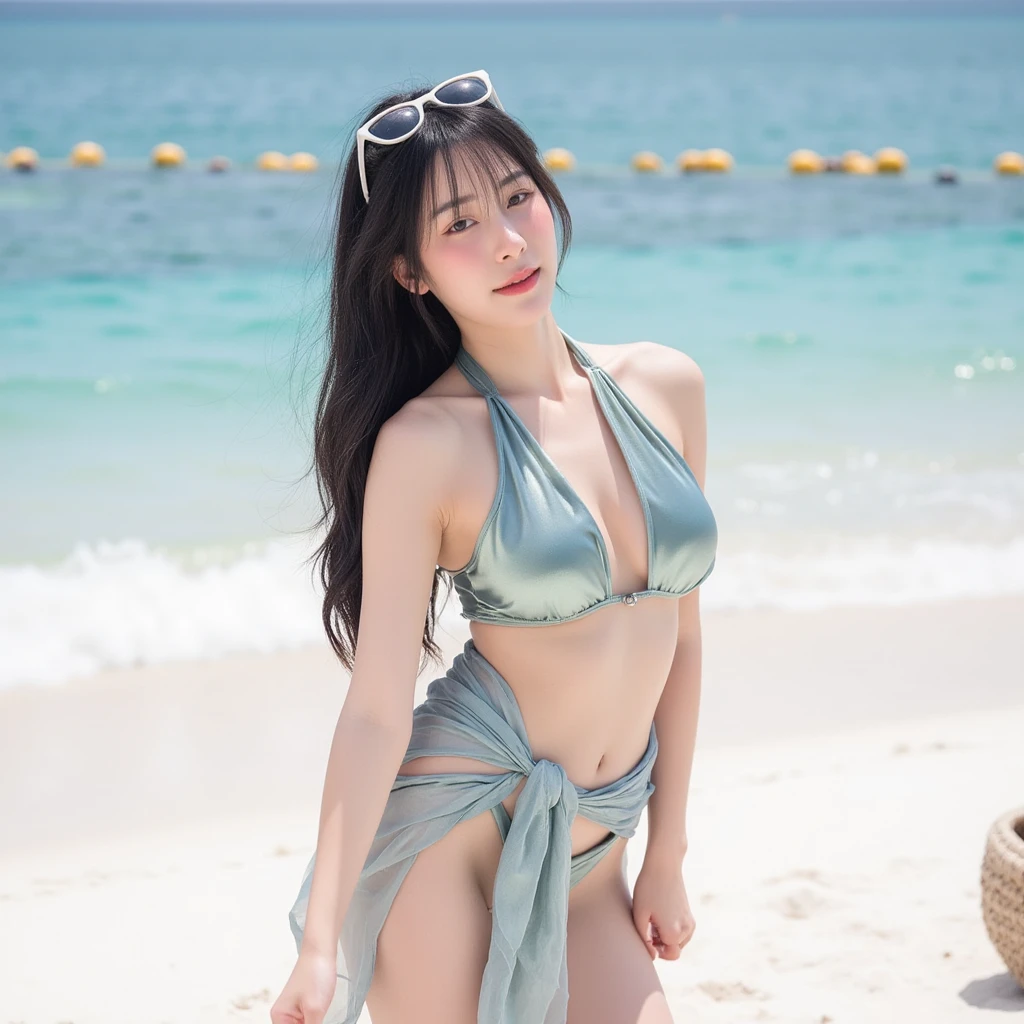 a beautiful girl,prominent cleavage,tankini swimsuit,collar,Blue sky and white clouds,Sunlight,standing on the beach