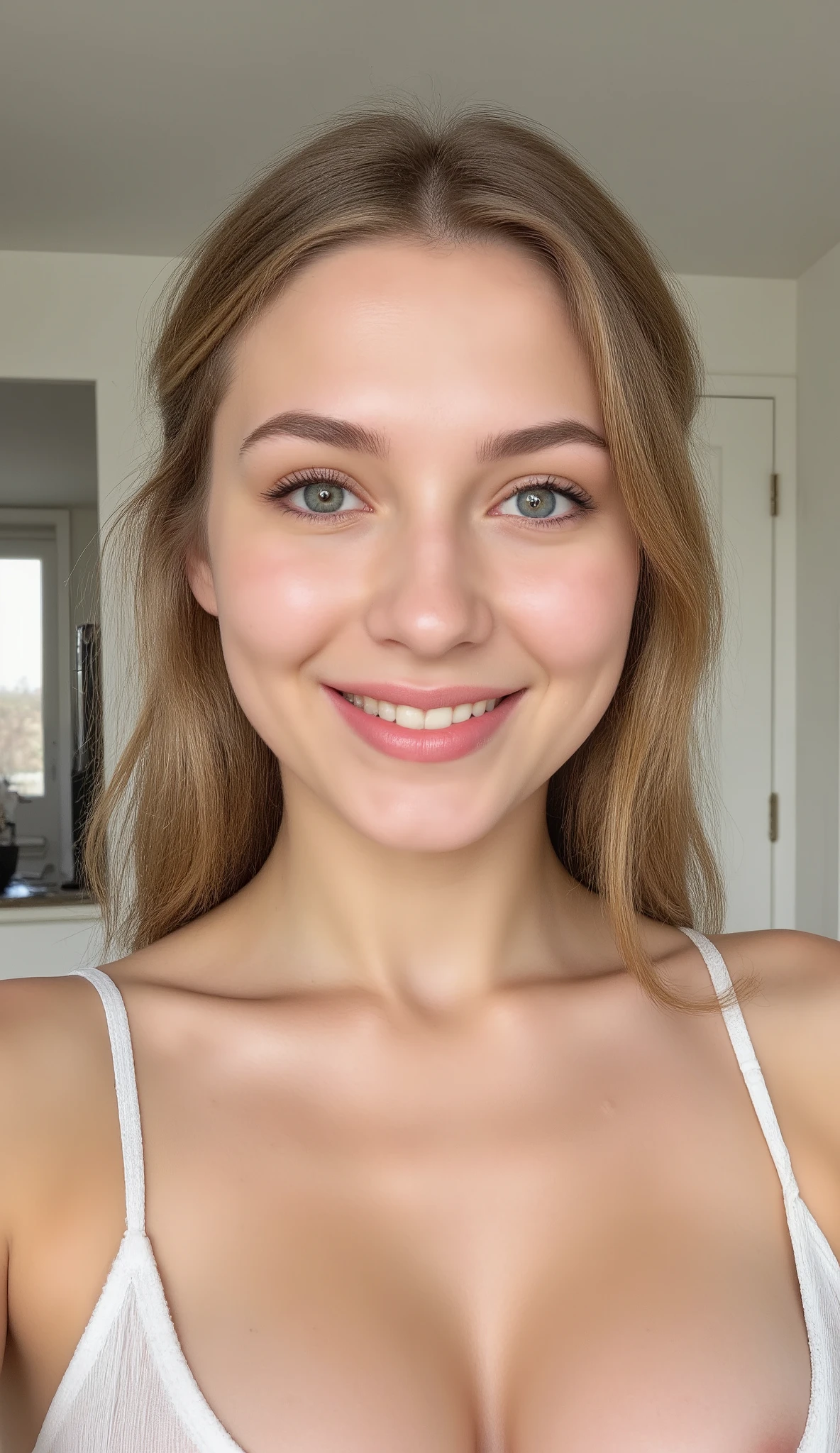 A photorealistic image captures a young adult woman who appears to be White Caucasian, with long, straight brunette hair pulled back from her face. She has light-colored eyes and a warm smile. She is wearing a white tank top with thin straps. She has no visible tattoos or accessories.
She is indoors, likely in an apartment or home setting. In the blurred background, there is a light-colored door, a glimpse of another room with a white door and a light-colored floor, and a dark rectangular object that could be a television. The lighting is soft and appears to be coming from an unseen source in front of her, illuminating her face and upper body evenly. The artistic style is a close-up portrait, possibly a selfie, taken at eye level. The mood is casual and friendly.
