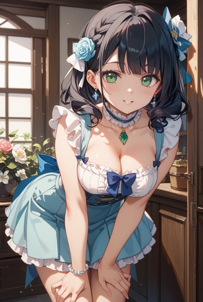 high quality, masterpiece, Ultra Detailed, 1 girl, And clearly visible, Solitary, Green camouflage lace maid costume,maid crown,BDSM,handcuffs,collar,Calm expression,Bright red lips,Smile,handcuffs,collar,Black long hair, Attractive pink eyes, Fox ears, Ridiculously big, Glowing skin, forest,City,ruins