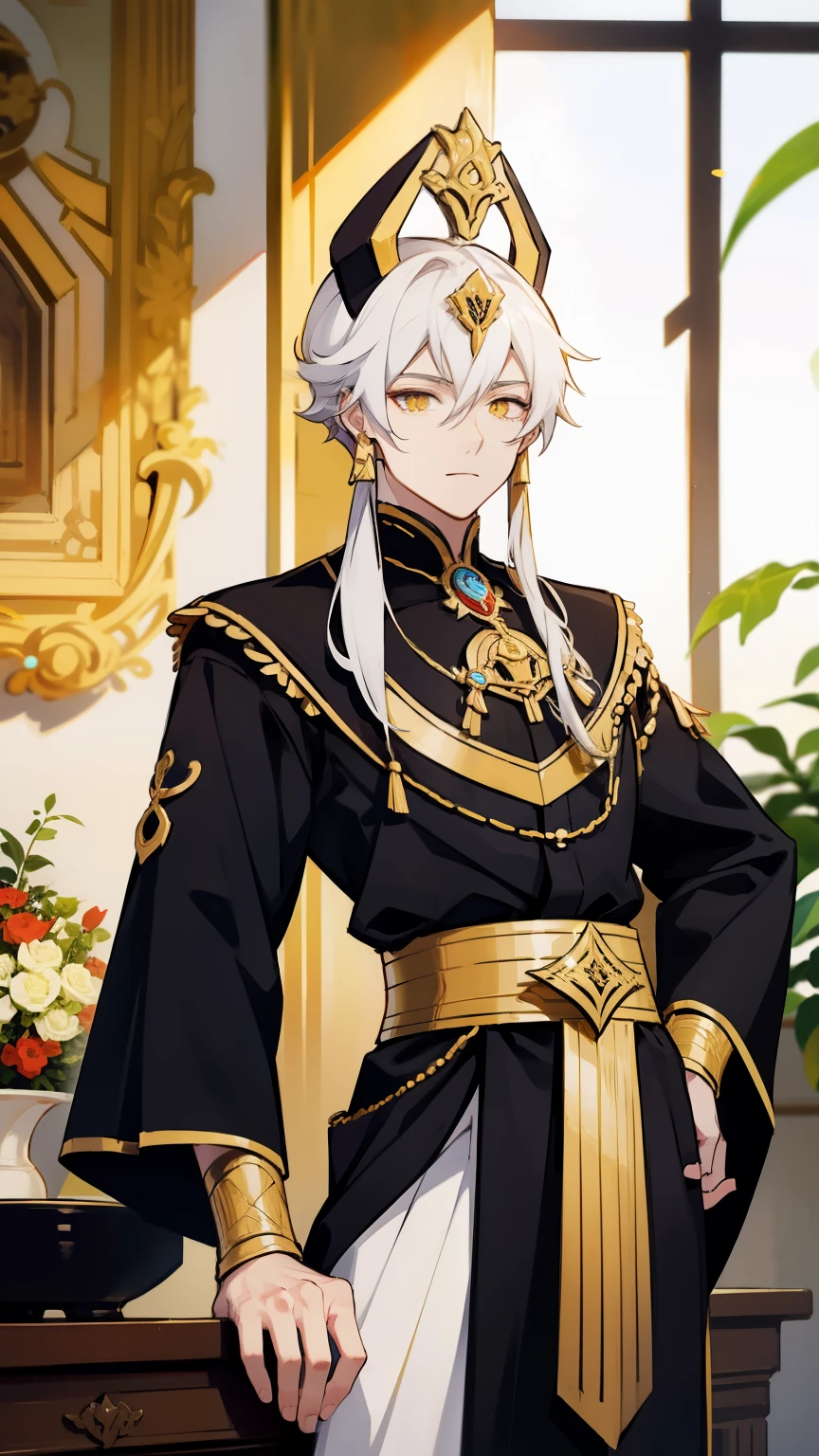 anime guy standing on the windowsill, handsome anime man, black belt buckle, beautiful anime pose, tall anime egyptian guy with golden eyes, long white hair , Egyptian costume ,Prince of Egypt.