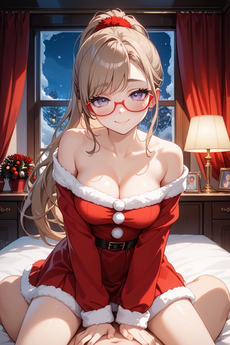 ((worst quality, low-quality)), Super delicate, masterpiece,Composition of the upper body, girl with, Solo, (Big breasts), ((chest opened, santa costume:1.2)), (Sit astride the bed), Hands on bed, (wariza), (Under-rim glasses:1.3),plump shiny lips, Beautiful clear eyes, Spoken Heart, Leaning forward, embarrassed, (Christmas Decorations, Bedrooms),(The glitter of illumination:1.2), masutepiece,Best Quality,ultra-detailliert,masterpiece,