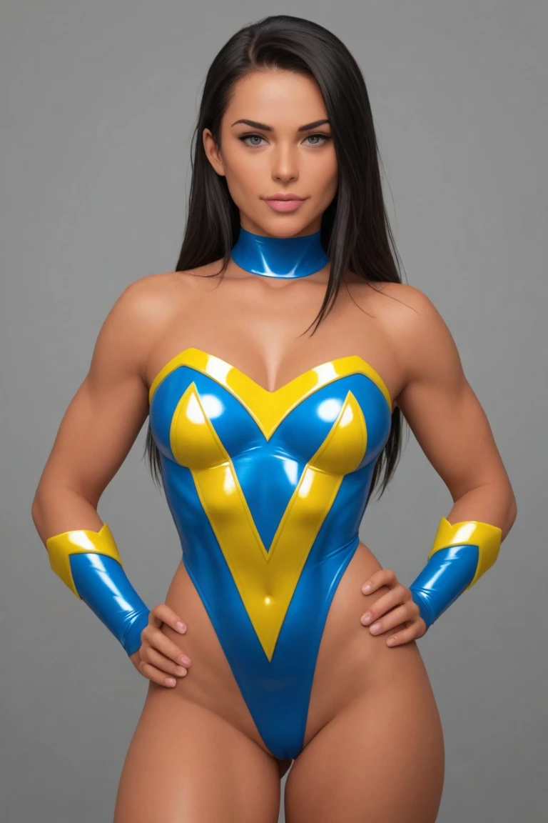 Beautiful 41 year old brunette woman, wearing sleeveless metallic blue leotards, gold belt, holding a laser gun, boots, hips to the side, realistic