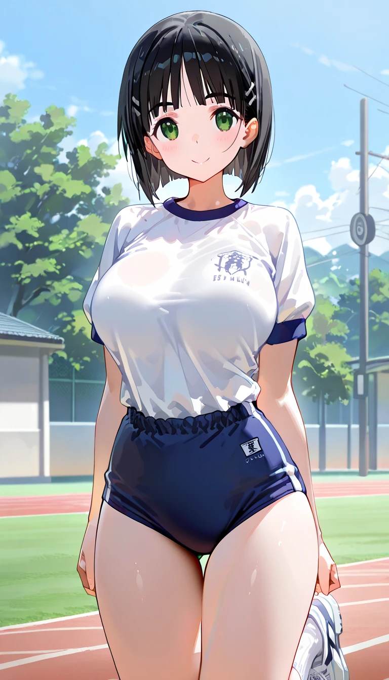 Buruma,gym uniform,Belly button,(((Mature Woman,Shyness))),tom boy,Red face,Watery eye,Shyness,Short Hair,Outdoor,Famous meeting points,lowrise bottom,