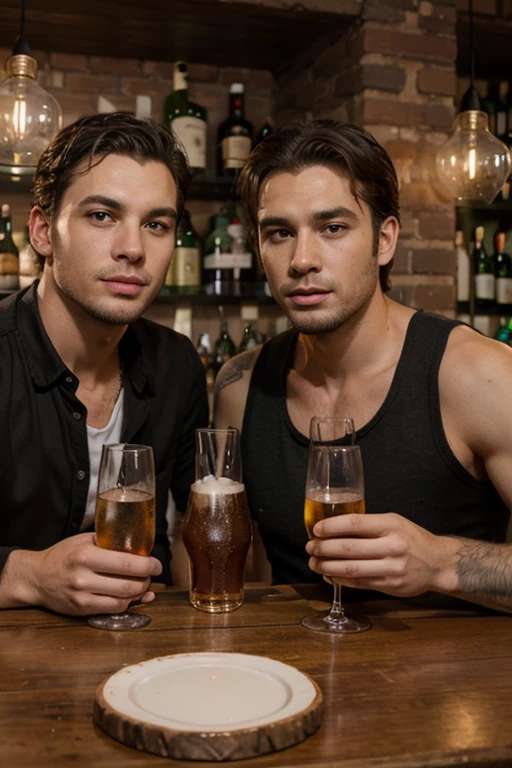 Young cute handsome skinny white face beautiful soft skin shirtless at a cowboy party with two handsome friend beside him sitting sideways at a bar in black shirt and hat his friend touches his butt 