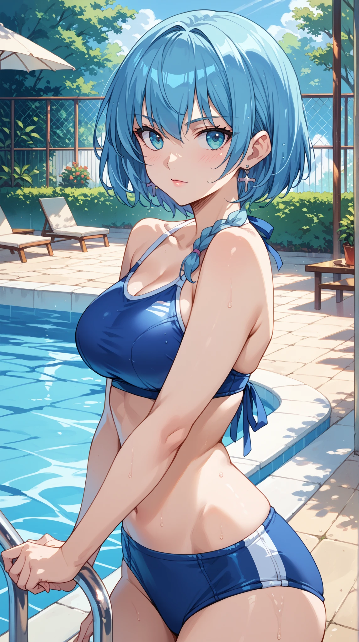(Unity 16K Wallpaper, masutepiece, Best Quality, Ultra-detailed, extremely details CG, Caustics, Cinematic lighting, huge tit, Beautiful detailed eyes, Solo,Pool side),Ultra High Resolution, Fine skin、Sexy,curby,NSFW,(School Swimsuit:1.3), Small breasts,14 years old、Blue eyes、Blue hair,Perm Hair, blush, angry,Sitting, Spread legs wide, a pixie cut