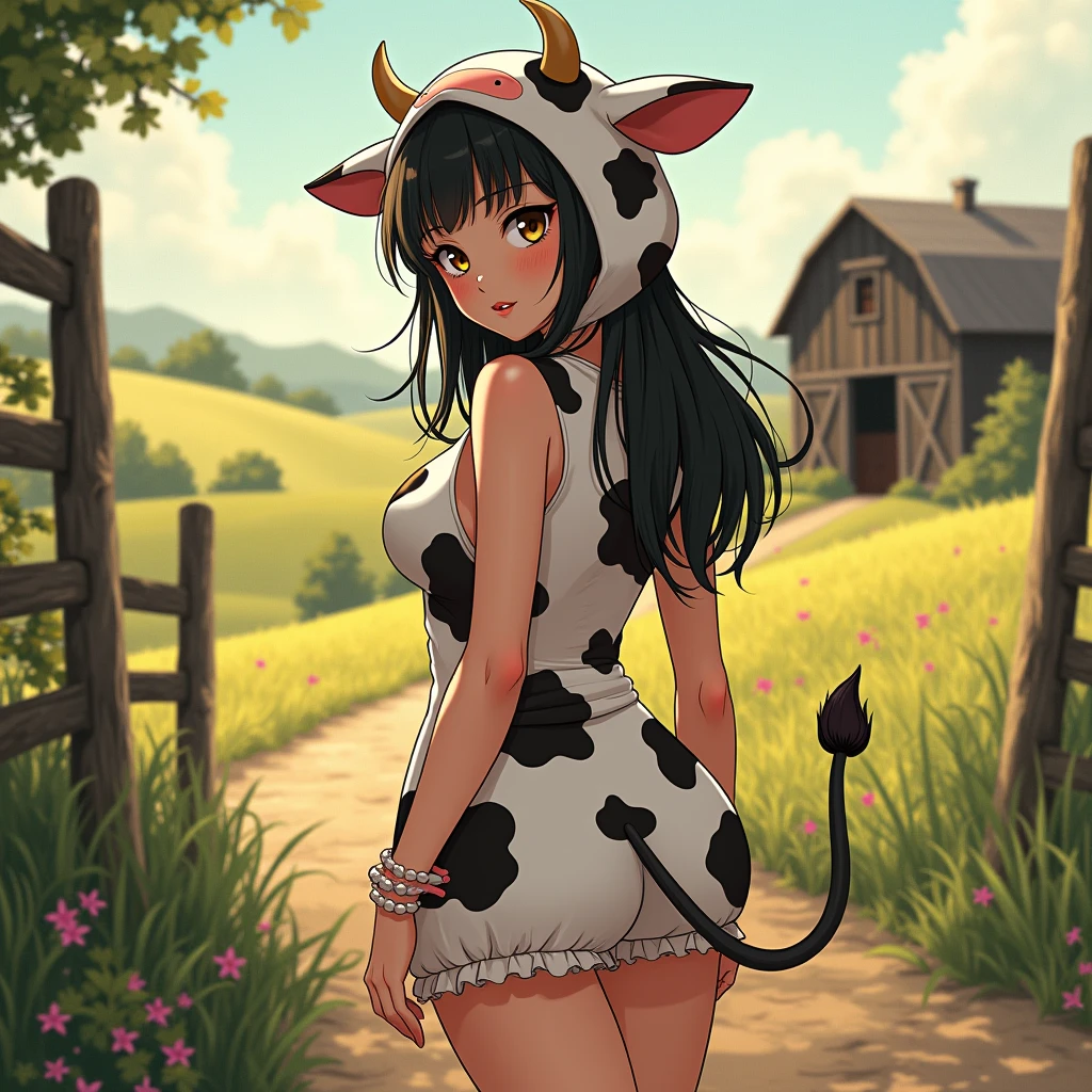 artwork,best quality,nonsense,high resolution,1 girl,alone,trunk,animal_ears,cow_ears,short_sleeves,Cow_tail,looking_at_viewer,black_hair,blue_eyes,loose_hair,bangs,black thighhighs,hair_between_eyes,boots,black_shoes,loose_hair,big_tail,smile,extra_hears,jacket,medium_breasts,Cow_horns