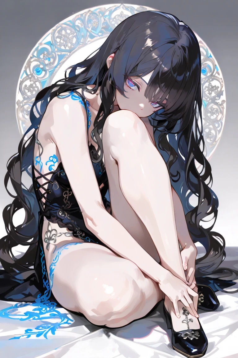 1 girl in, no smile, sparkling navy blue eyes, (black hair) , small stature, small breasts, , (masutepiece:1.2, Best Quality), (finely detailed beautiful eye: 1.2), (beautifull detailed face), High contrast, (Best Illumination, extremely delicate and beautiful), ((Cinematic Light)), Dramatic light, (Pale white background:1.5), bandaged_leg, bandages, bandaged_arm, bandaged_neck, long_hair, collarbone, bandaged_head, collarbone, put lost of bandages on head, lots of bandages, bandage on the wound, sheis whole body was wrapped up in bandage,worn out clothes, bound with chains, worn out tank top,