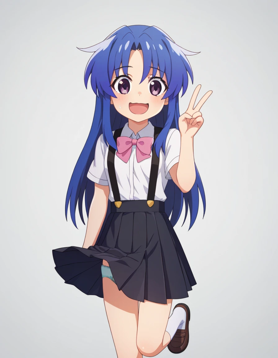 masterpiece, best quality, <lora:0r0P00W0n0j0O0kqLSDXL_LoRA_V1:1>, 1girl, solo, furude rika, blue hair, purple eyes, long hair, animal ears, rabbit ears, skirt, white background, blush, simple background, jacket, black skirt, looking at viewer, breasts, ahoge, small breasts, fake animal ears, off shoulder, bangs, very long hair, collarbone, long sleeves, embarrassed, bare shoulders, pleated skirt, blue jacket, miniskirt, wavy mouth, camisole