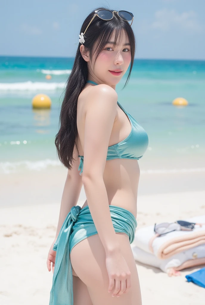 Meisterwerk, (realistisch), high-res, hochdetailliert, kompliziert, Beautiful women, rote Haare, blaue Augen, Sommersprossen, detailliertes Gesicht, short bikini, from behind, looking at viewer, showing ass, smile