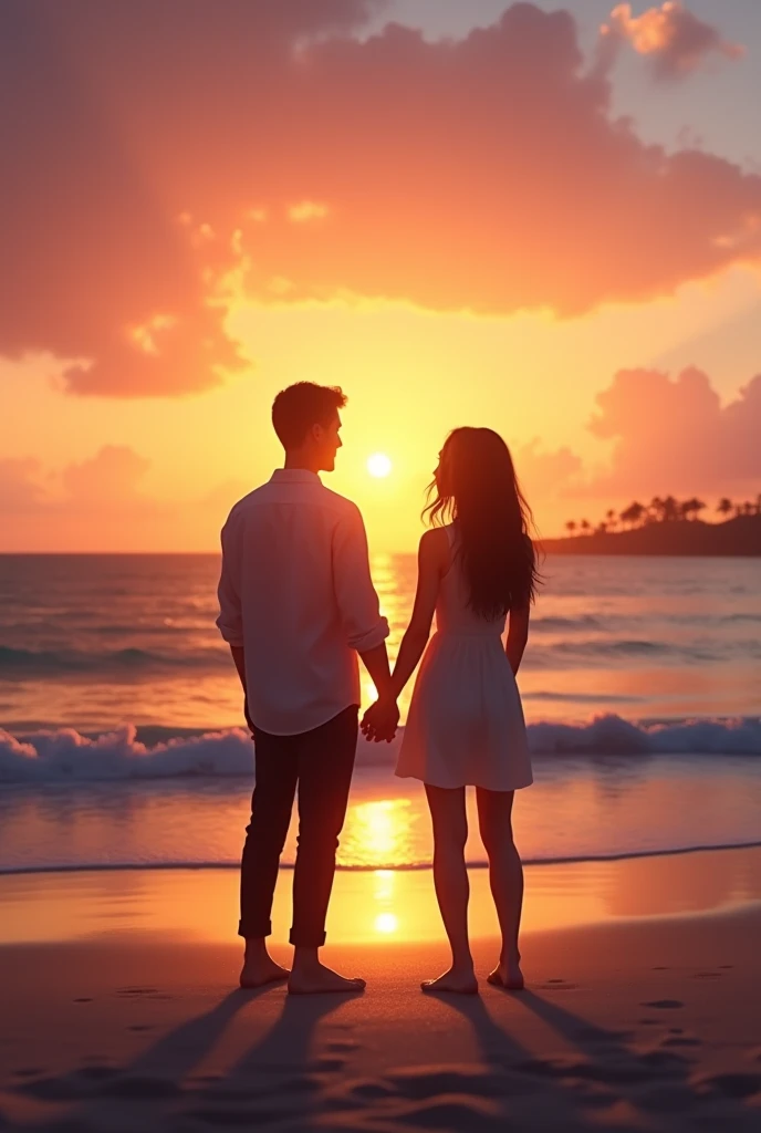 artwork a happy couple of newlyweds stands embracing on the shore of the indian ocean at sunset,the mountains,(long veilm:1.3), beautiful kiss,(sun rays:1.3),big sailboat,  big moon, golden light, (small clear silhouettes:1.4),hazy lighting,depth of field, haze on the horizon, blue Lagoon,(Cumulus clouds:1.2), (oil paint:1.2), artstation,soft focus, vignette, 35mm , by greg rutkowski